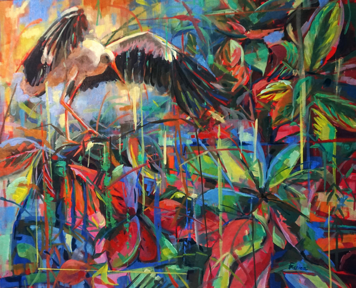 Selva y cigüeña / Óleo sobre lienzo 73 x 60 cm